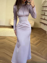 Pleated Solid Color Tied Zipper Bodycon Long Sleeves Mock Neck Maxi Dresses