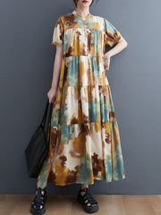 Printed Split-Joint Loose Short Sleeves Stand Collar Midi Dresses