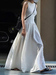 Pleated Solid Color Split-Joint Loose Sleeveless Round-Neck Maxi Dresses
