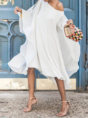 Asymmetric Solid Color Batwing Sleeves Cold shoulder Midi Dresses