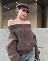 Off-Shoulder Zipper Knitted Jacket