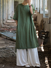 Fringed Solid Color Split-Side Half Sleeves Round-Neck Midi Dresses