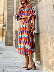 Contrast Color Elasticity Pleated A-Line Long Sleeves Stand Collar Midi Dresses