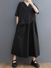 Pleated Solid Color Split-Joint Loose Short Sleeves V-Neck Midi Dresses