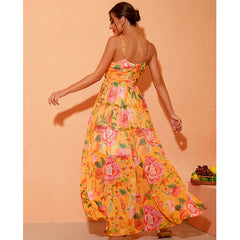 3D Flower Halter Printed Maxi Dress Flaxmaker