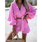 V Neck Lace Up Solid Color Shorts Two Piece Set