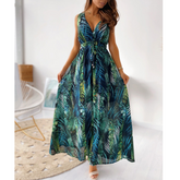 V Neck Backless Lace Up Jungle Printed Dress