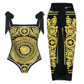 Plus Size Reversible Tie-shoulder One Piece Swimsuit and Sarong(Shipped on Dec 29th)