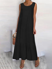 See-Through Solid Color Split-Joint Loose Plus Size Round-Neck Maxi Dresses