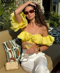 Off Shoulder Ruffle Crop Top - Casual Knit Tank