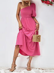 Solid Color Loose Puff Sleeves One-Shoulder Midi Dresses