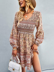 Bohemia A-Line Loose Floral Printed V-Neck Dress