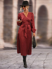 Vacation Puff Sleeves Lace-Up Solid Dress