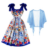 Bowknot Retro Printed Dress and Cardigan