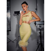 Sexy Oblique Shoulder Cutout Feathers Dress