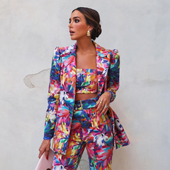 Fashion Blossom Printed Blazer Three Piece Set