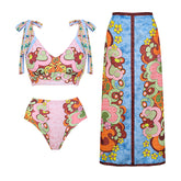 Tie-shoulder Printed High Waist Bikini Swimsuit and Skirt(Shipped on Jan 11th)