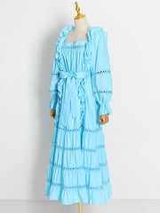 Bohemia Long Sleeves Loose Solid Color U-Neck Maxi Dress