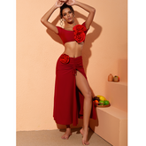 3D Flowers High Waist Red Bikini Swimsuit and Skirt Flaxmaker
