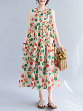 Floral Printed Pleated Split-Joint Loose Sleeveless Round-Neck Midi Dresses