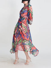 Buttoned Printed Split-Joint High Waisted Long Sleeves V-Neck Midi Dresses