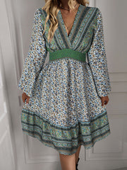 Bohemia High Waisted Long Sleeves Floral Printed V-Neck Maxi Dress
