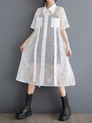 Hollow Solid Color Split-Joint Zipper Half Sleeves Loose Lapel Shirt Dress Midi Dresses