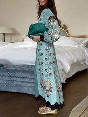 Flower Printed Color-Block Loose Long Sleeves Elegant Maxi Dresses
