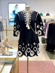 Contrast Color Embroidered Floral Hollow Tied A-Line Loose Round-Neck Mini Dresses