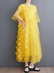 Asymmetric Gauze Split-Joint Loose Short Sleeves Round-Neck Midi Dresses