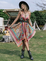 Bohemia Loose Irregularity Floral Printed V-Neck Mini Dresses