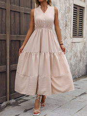 Buttoned Elasticity Pleated Split-Joint A-line High Waisted V-neck Midi Dresses
