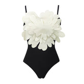 Flaxmaker 3D Flower Decor Black One Piece Swimsuit and Sarong