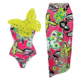 Rose Red Butterfly Contrast Color Print One Shoulder One Piece Swimsuit and Sarong (Shipped on Jan 10th)