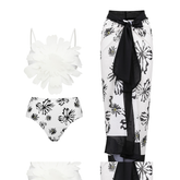 Flaxmaker Flower Decor Printed Bikini Swimsuit and Sarong