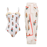 Flaxmaker Flower decor Printed One Piece Swimsuit and Sarong