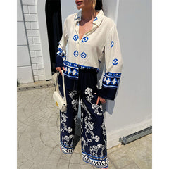Ethnic Color Block Blue Shirt and Pants Set