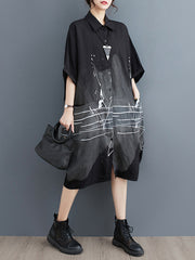 Pockets Printed Half Sleeves Loose Lapel Midi Dresses