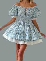 Puff Sleeve Tie Up Elastic Puff Sleeve Mini Dress