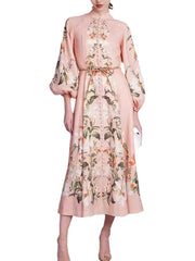 Flower Printed Long Sleeves Elegant Maxi Dresses