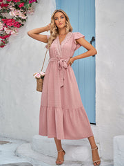 Vacation Sleeveless Loose Lace-Up Solid Color V-Neck Midi Dress
