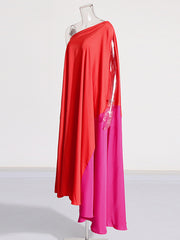 Asymmetric Contrast Color Split-Joint High Waisted Loose One-shoulder Maxi Dresses