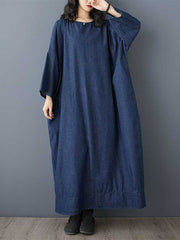 Solid Color Long Sleeves Loose Round-neck Midi Dresses