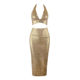 Gold Halter Bodycon Two-Piece Midi Dress Flaxmaker