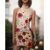 Halter Backless Sexy 3D Flower Mini Dress