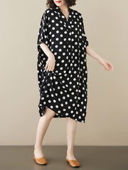 Polka-Dot Loose Short Sleeves V-Neck Midi Dresses
