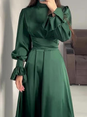Pleated Solid Color Tied Waist Zipper A-Line Long Sleeves Mock Neck Maxi Dresses