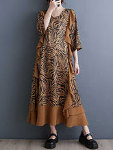 Ruffled Split-Joint Zebra-Stripe A-Line Batwing Sleeves V-Neck Midi Dresses