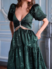 Flower Jacquard Puffled Sleeves Short Sleeve Satin Maxi Dress