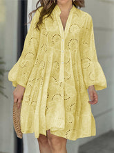 A-Line Flared Sleeves Buttoned Hollow Solid Color Split-Joint V-Neck Mini Dresses